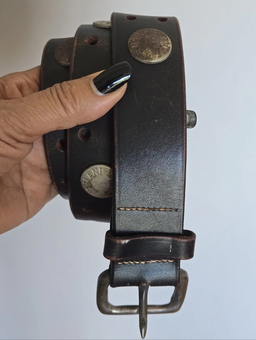 Vintage Armani Distressed Brown Leather Belt Western Grunge Metal Stud Accents